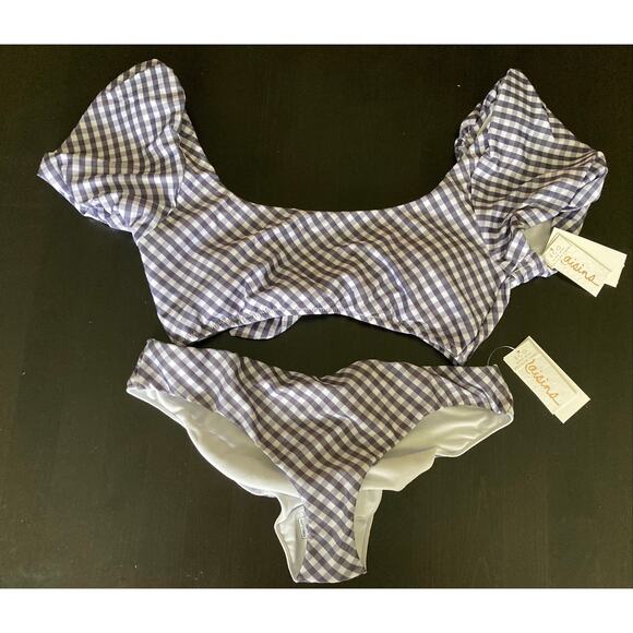 NWT Raisins White and Purple Gingham 2 piece Swimsuit SzL - Picture 1 of 8